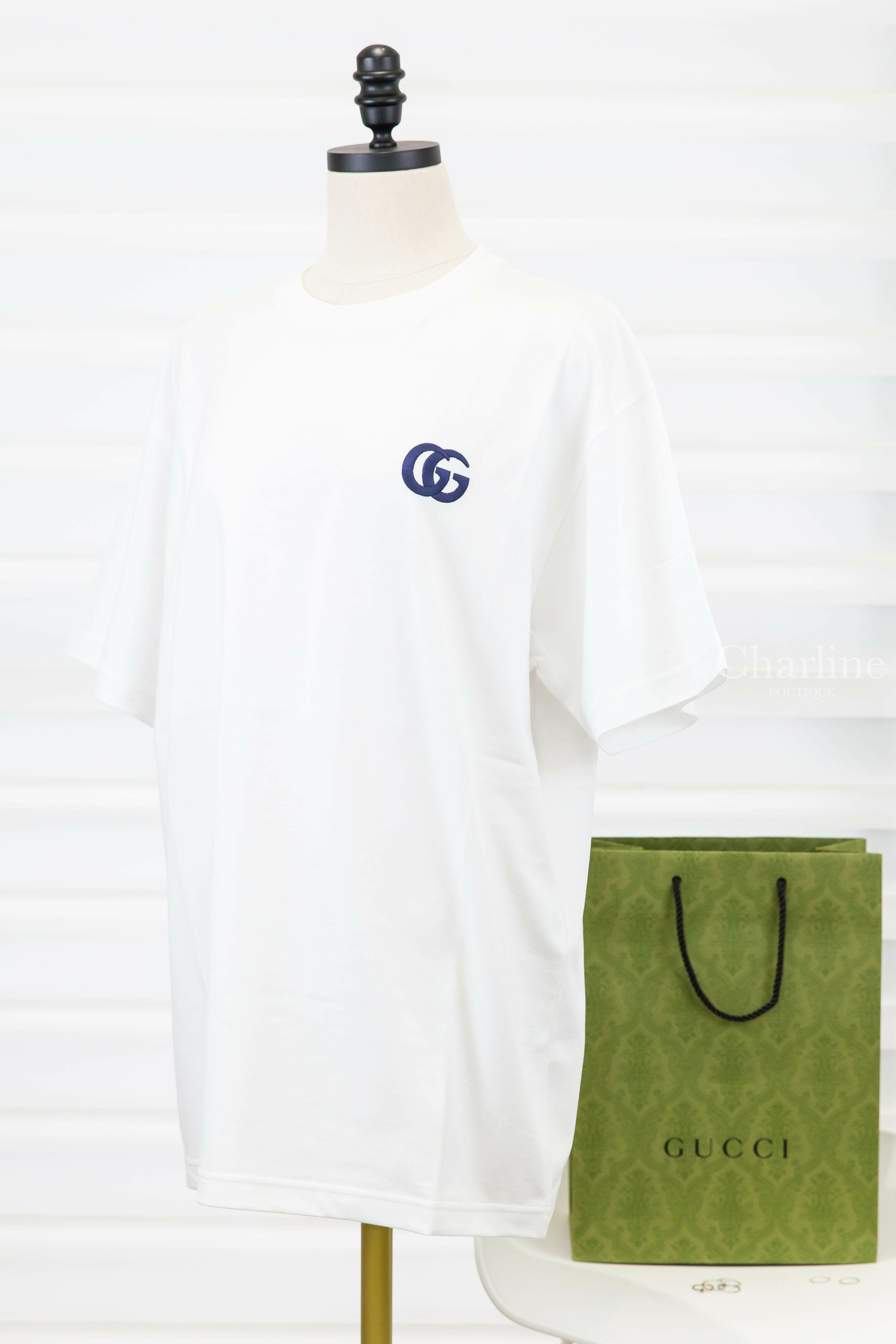 Gucci Cotton Jersey T-shirt 白色深藍刺繡GG短袖棉T-Charline Boutique 精品代購