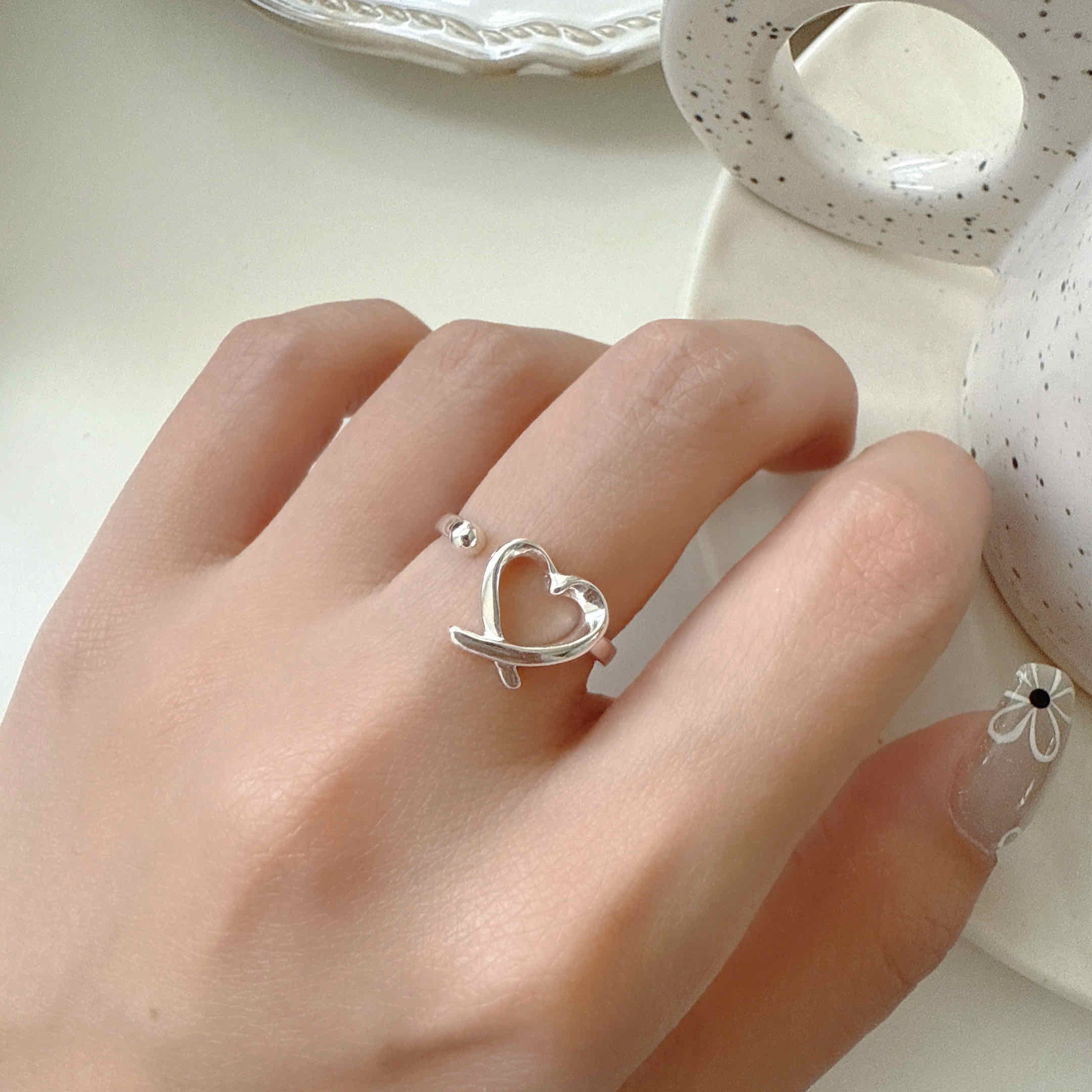 🇰🇷925 silver 厚磅手繪愛心開口戒