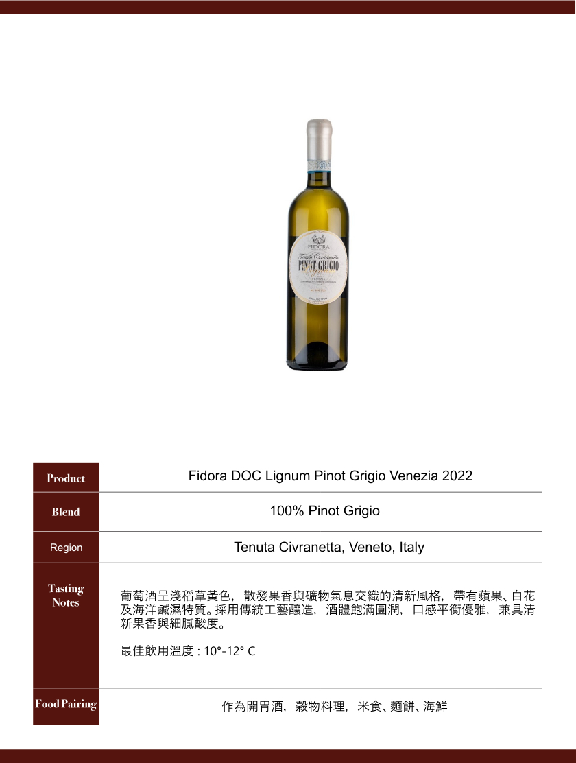 Fidora DOC Lignum Pinot Grigio Venezia 2022