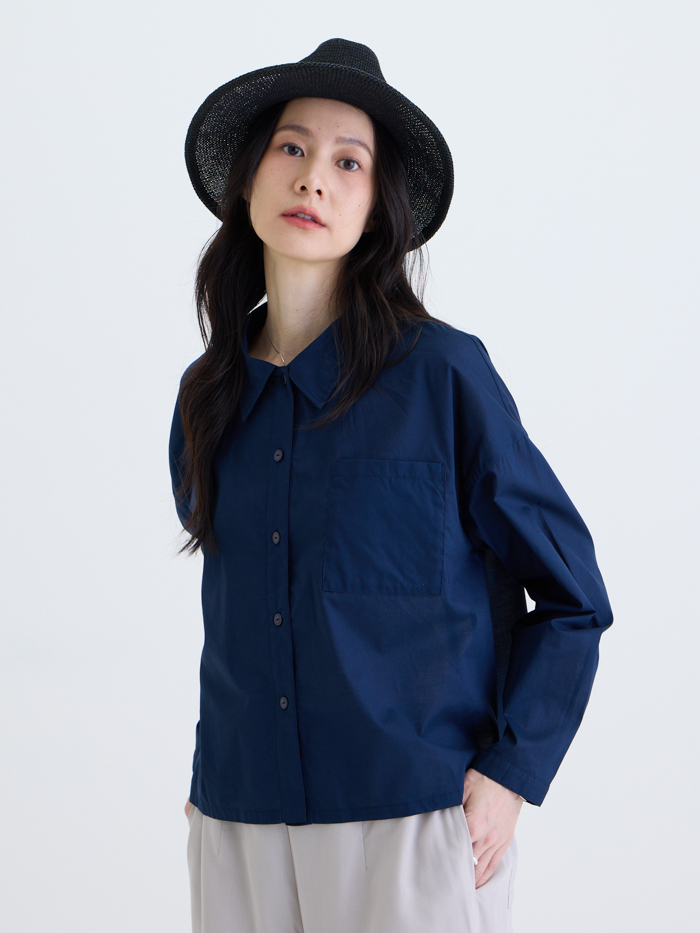 超長棉小領開襟襯衫-藏青