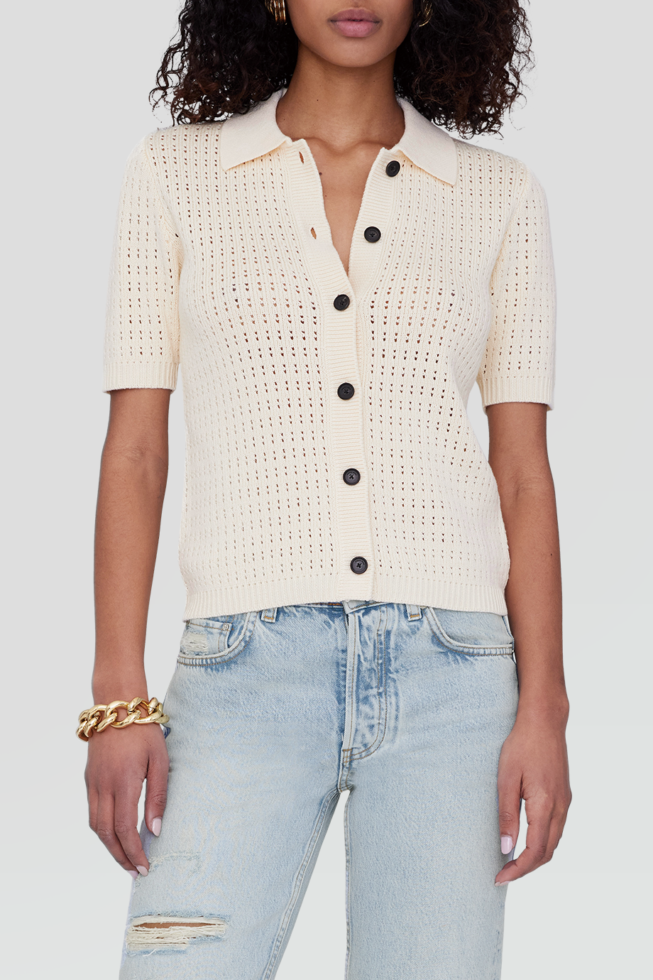 Anine Bing｜ALEXIS 翻領排釦短袖針織衫