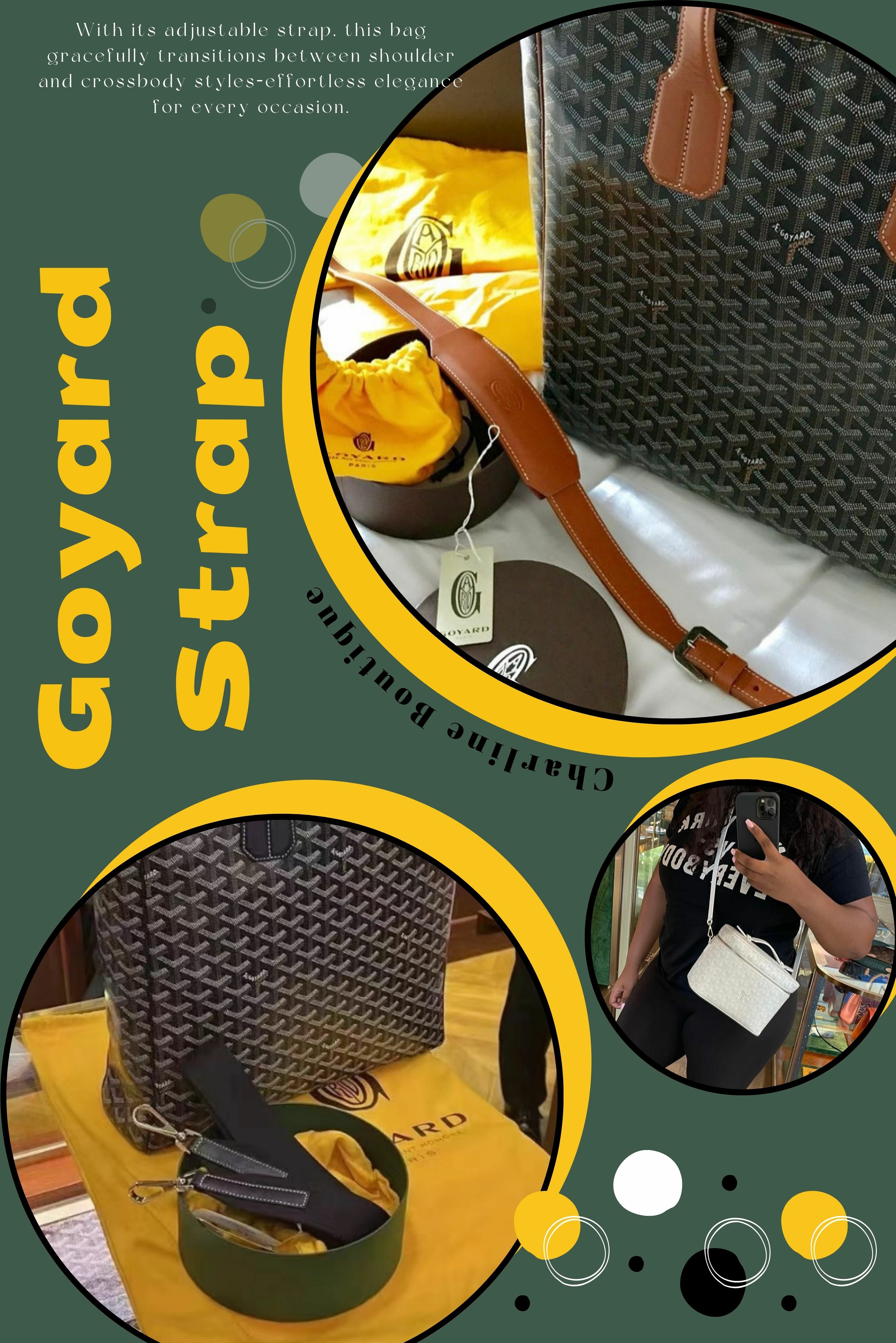 Goyard 背帶怎麼分類？先搞懂兩大系列與尺寸差異!目前 Goyard 背帶主要分為兩大系列：  * Bandoulière Cuir：全皮革材質，質感高雅，適合正式或極簡風格。  * Bandoulière Sangle：帆布與皮革拼接設計，輕盈耐用，偏向休閒與日常。  這兩個系列各自推出 PM（小尺寸）與 MM（中尺寸）版本，差別主要在於寬度與支撐力，PM 適合小型包款與輕便使用，MM 則適合中大型包與長時間揹負需求。