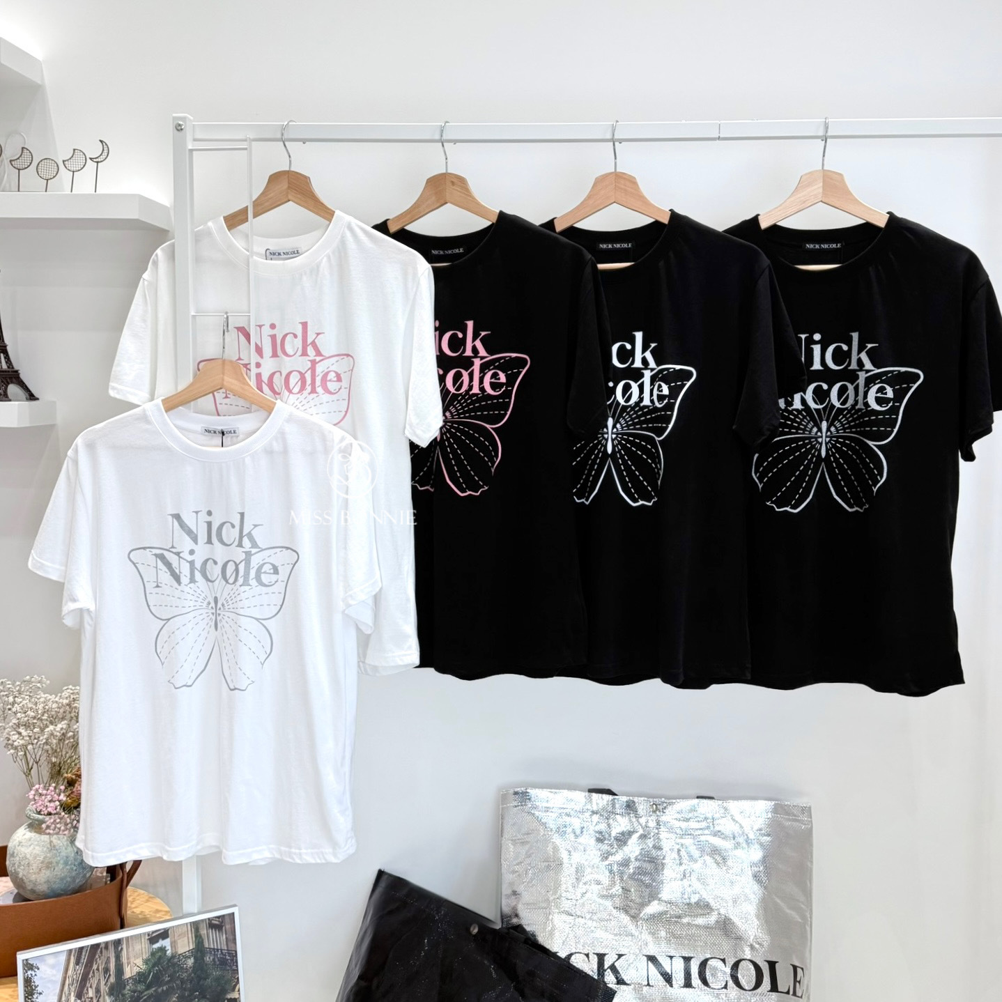 Nick Nicole滿版蝴蝶長版短T(黑粉色系共8色)