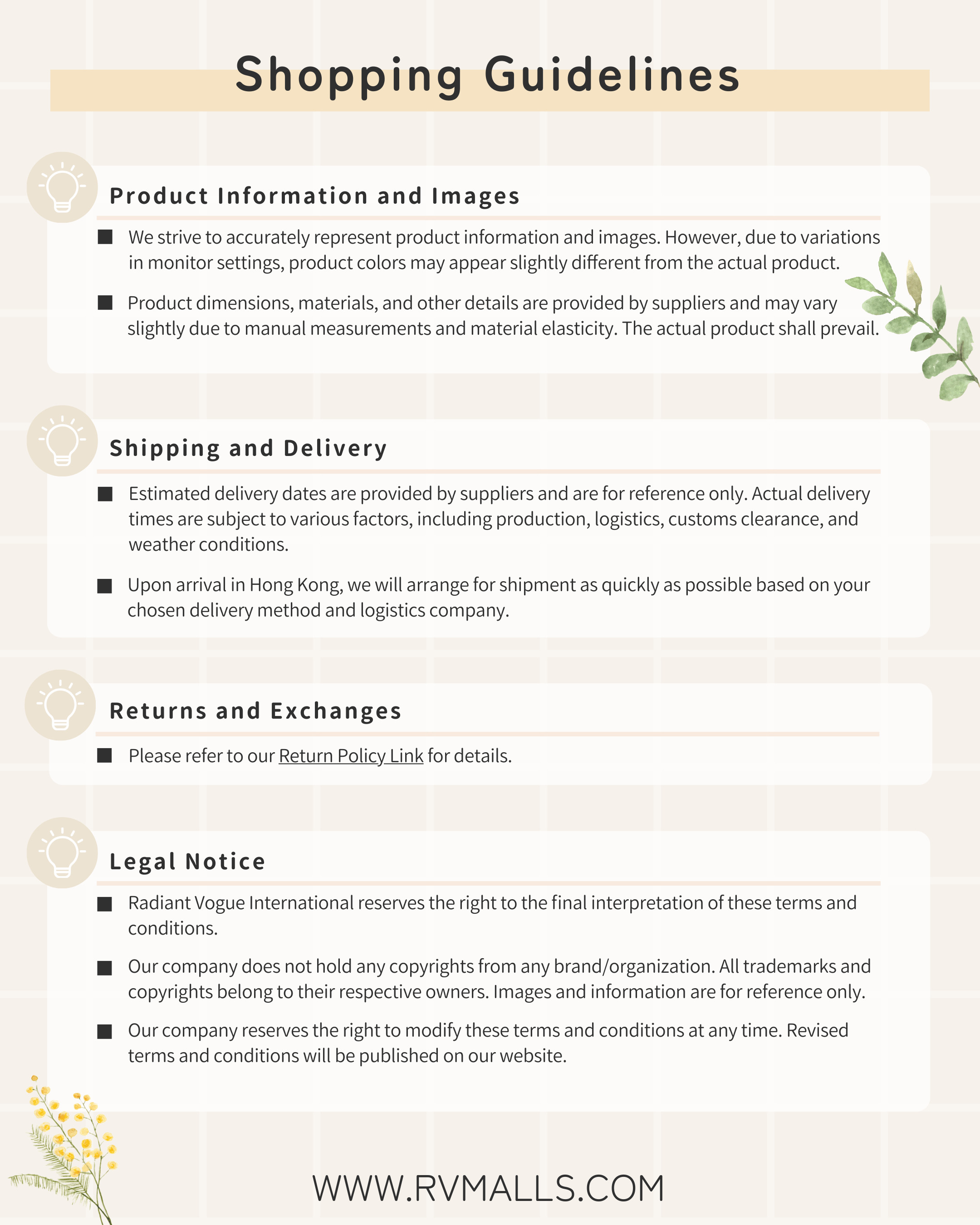 RVmalls Shopping Guidelines: Product Information, Shipping Policy, Returns and Legal Notice for Online Shopping