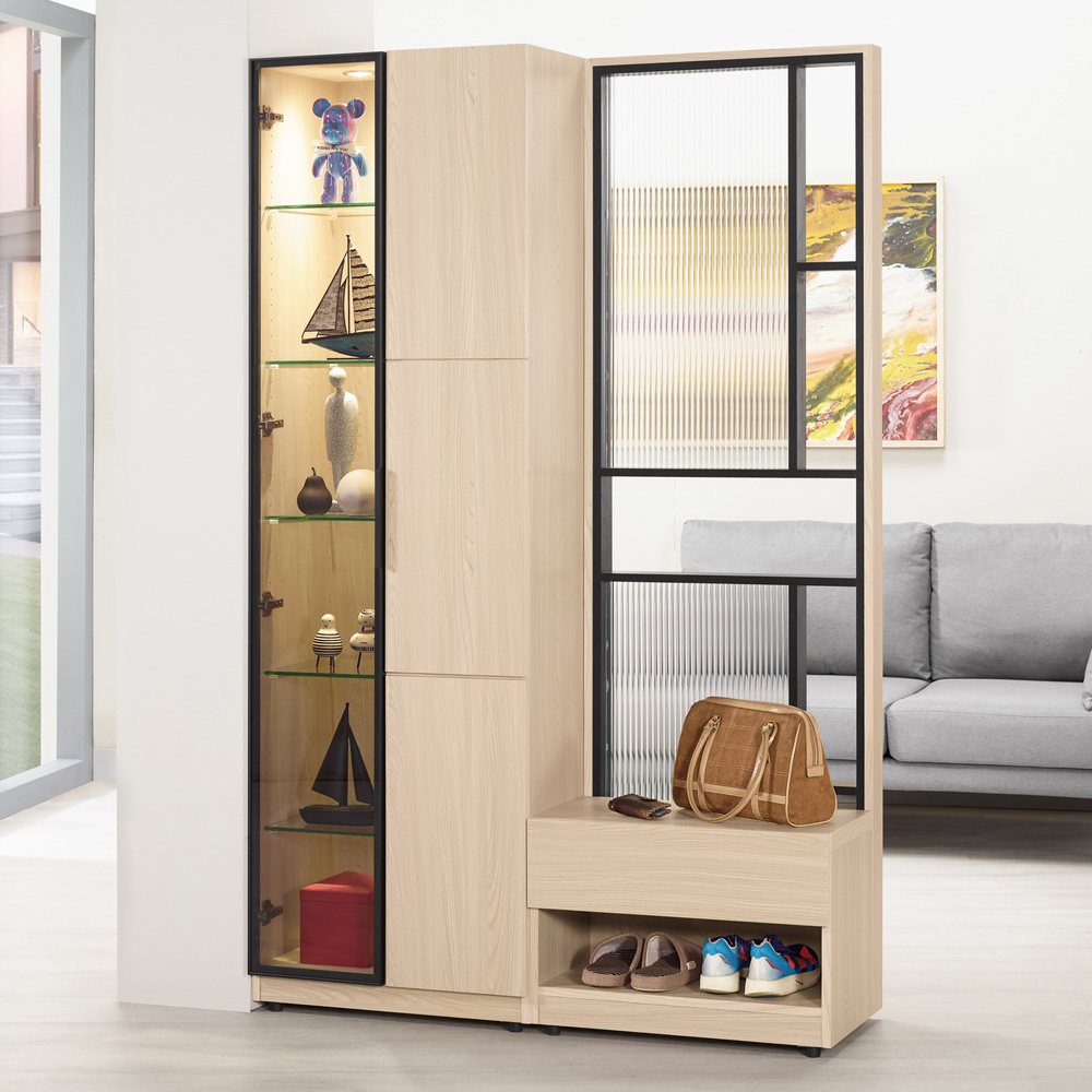 恩洛4尺長虹玻璃造型屏風玄關鞋櫃組合(B款-玻璃展示櫃+屏風+坐鞋櫃-兩色可選)