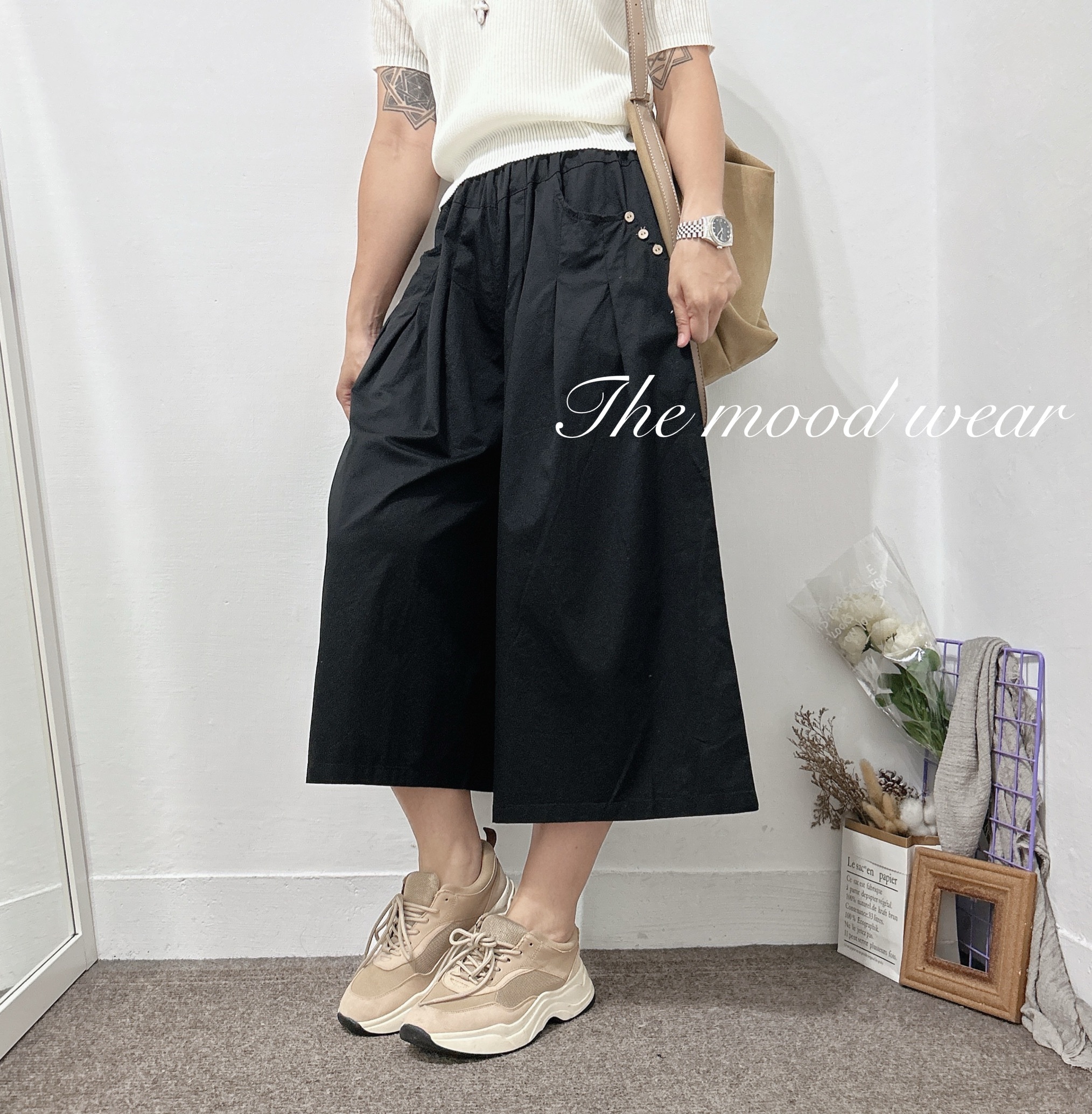 薄款水洗布抓摺寬褲裙 大尺碼褲裙