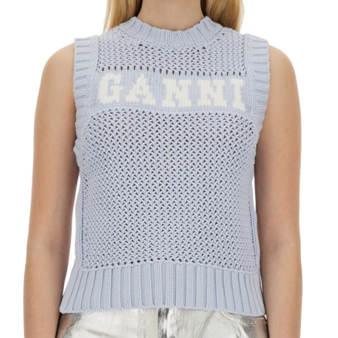 1LN0430-005 GANNI Knitted Vest With Logo Blue #K2348-628 (C-BR-E)