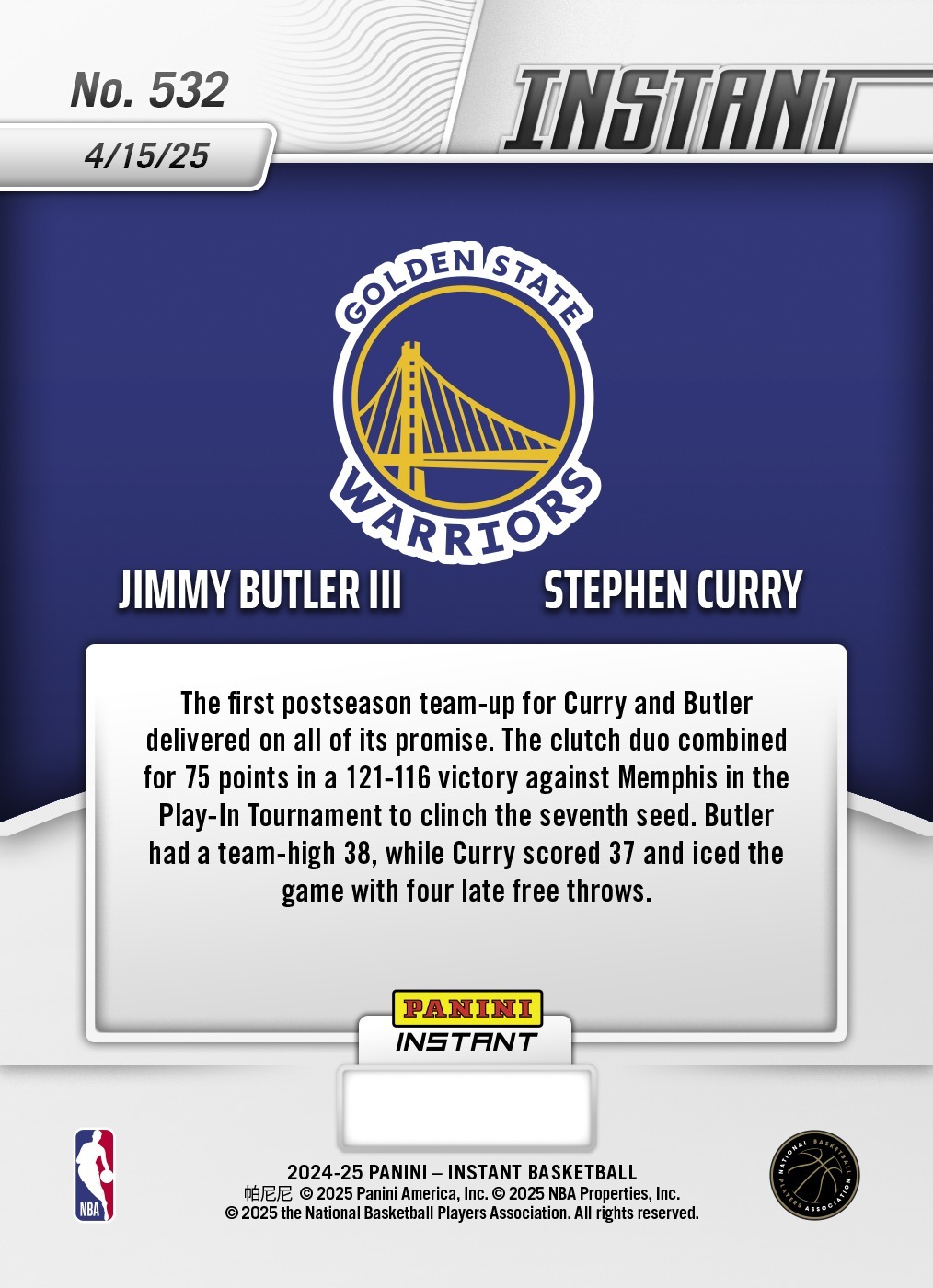 NBA球員卡 Stephen Curry & Jimmy Butler 附加賽鎖定第七種子 2024-25 Panini Instant NBA Card