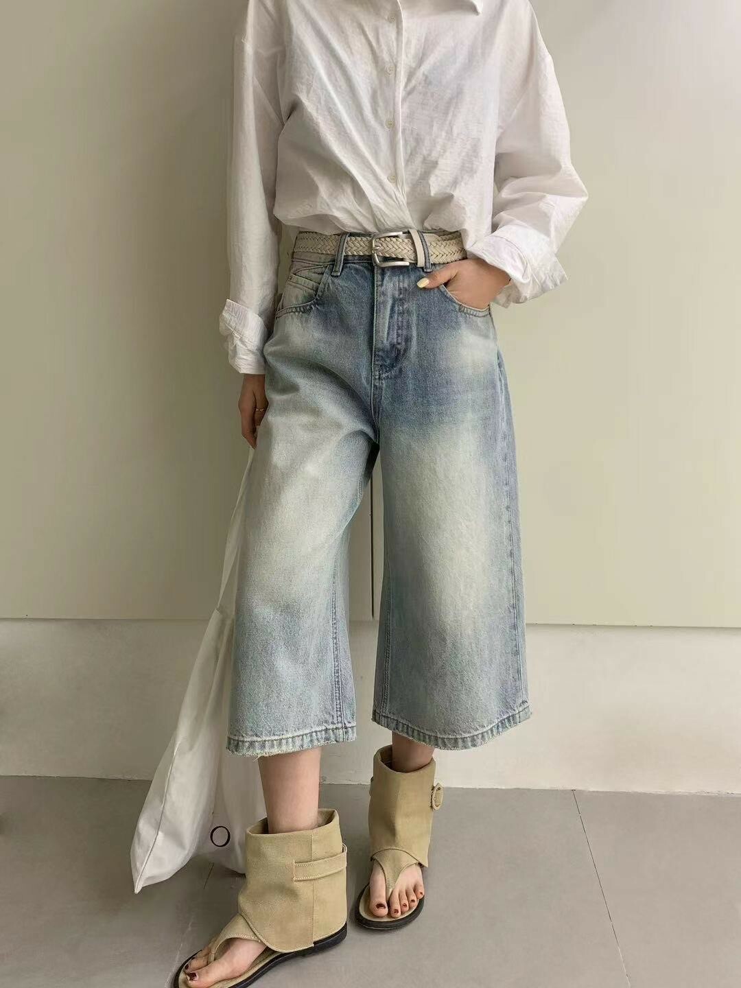 Nellie&Co. 帥氣感高腰刷白牛仔七分褲裙