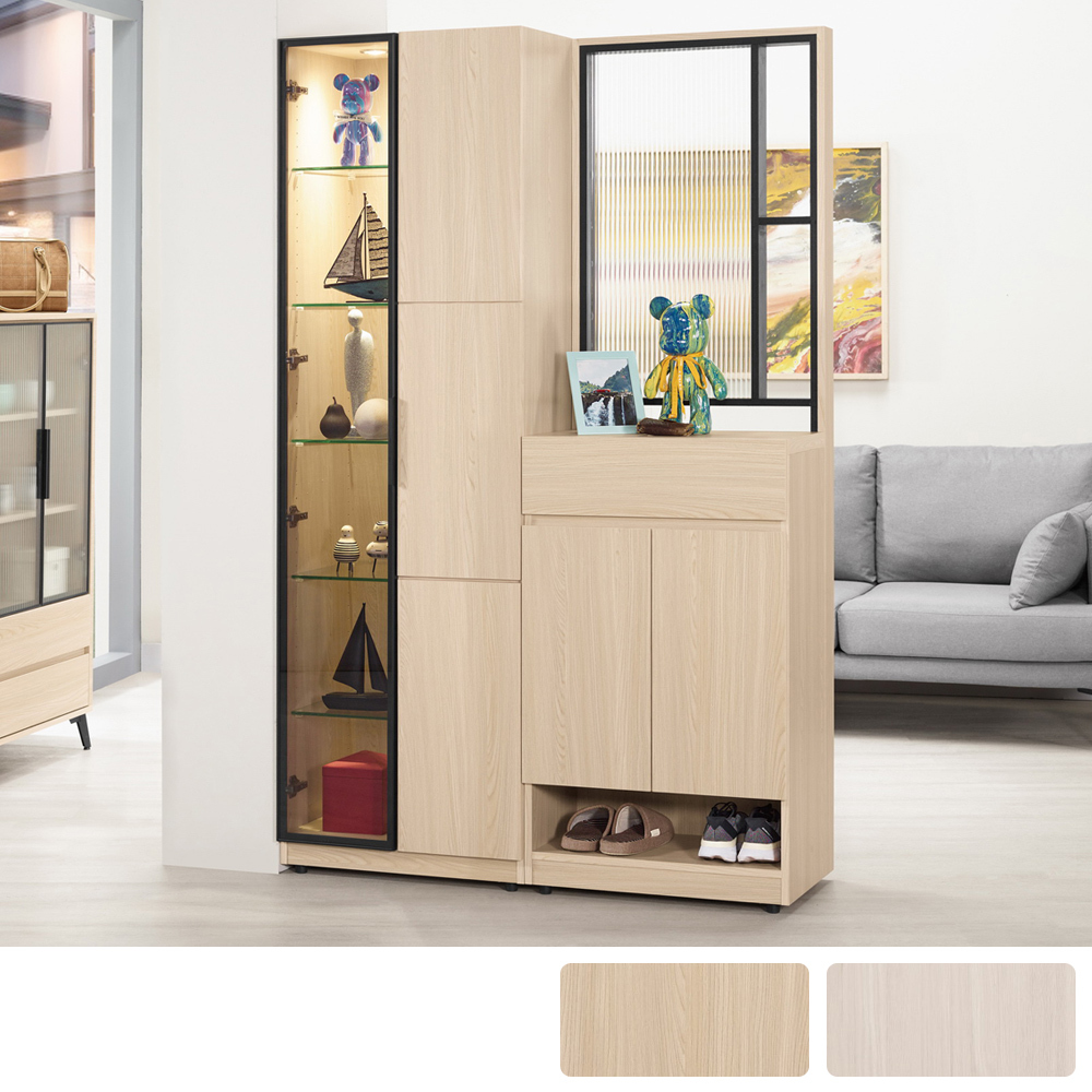 恩洛4尺長虹玻璃造型屏風玄關鞋櫃組合(A款-玻璃展示櫃+屏風+抽屜鞋櫃-兩色可選)