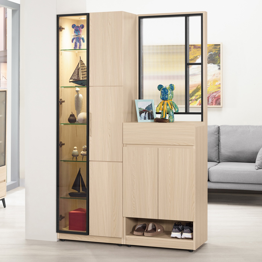 恩洛4尺長虹玻璃造型屏風玄關鞋櫃組合(A款-玻璃展示櫃+屏風+抽屜鞋櫃-兩色可選)