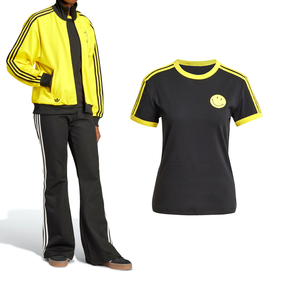 Adidas Smiley CALI Tee 女款 黑黃色 三葉草 亞規 修身 休閒 復古 運動 短袖 JD2738