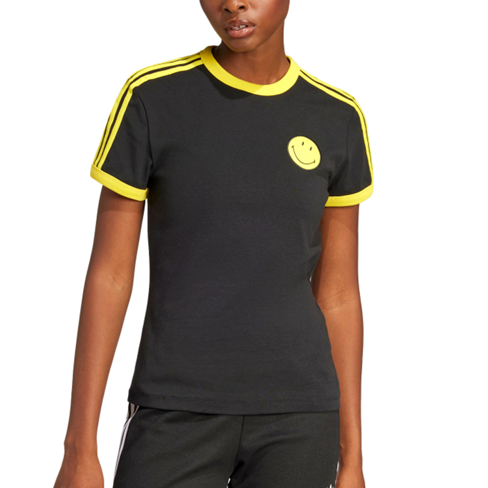 Adidas Smiley CALI Tee 女款 黑黃色 三葉草 亞規 修身 休閒 復古 運動 短袖 JD2738