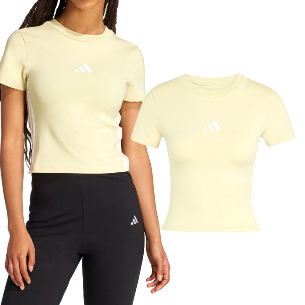 Adidas W 3S SJ Baby T 女款 鵝黃色 短版 亞規 修身 圓領 運動 休閒 短袖 JE1246