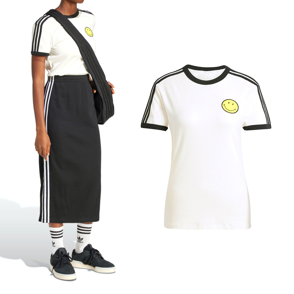 Adidas Smiley CALI Tee 女款 白色 三葉草 亞規 修身 休閒 復古 運動 短袖 JD3591