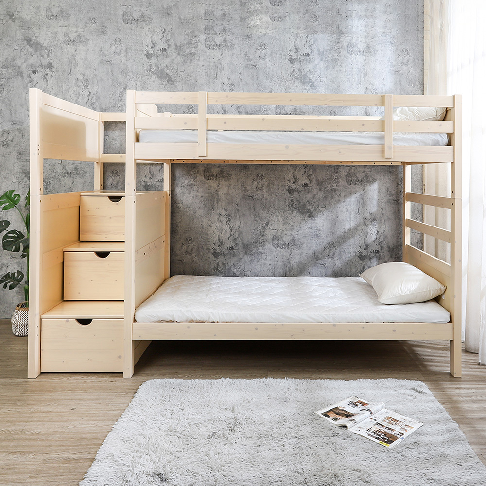 森林家具 凱羅實木雙層床架+三抽收納樓梯櫃