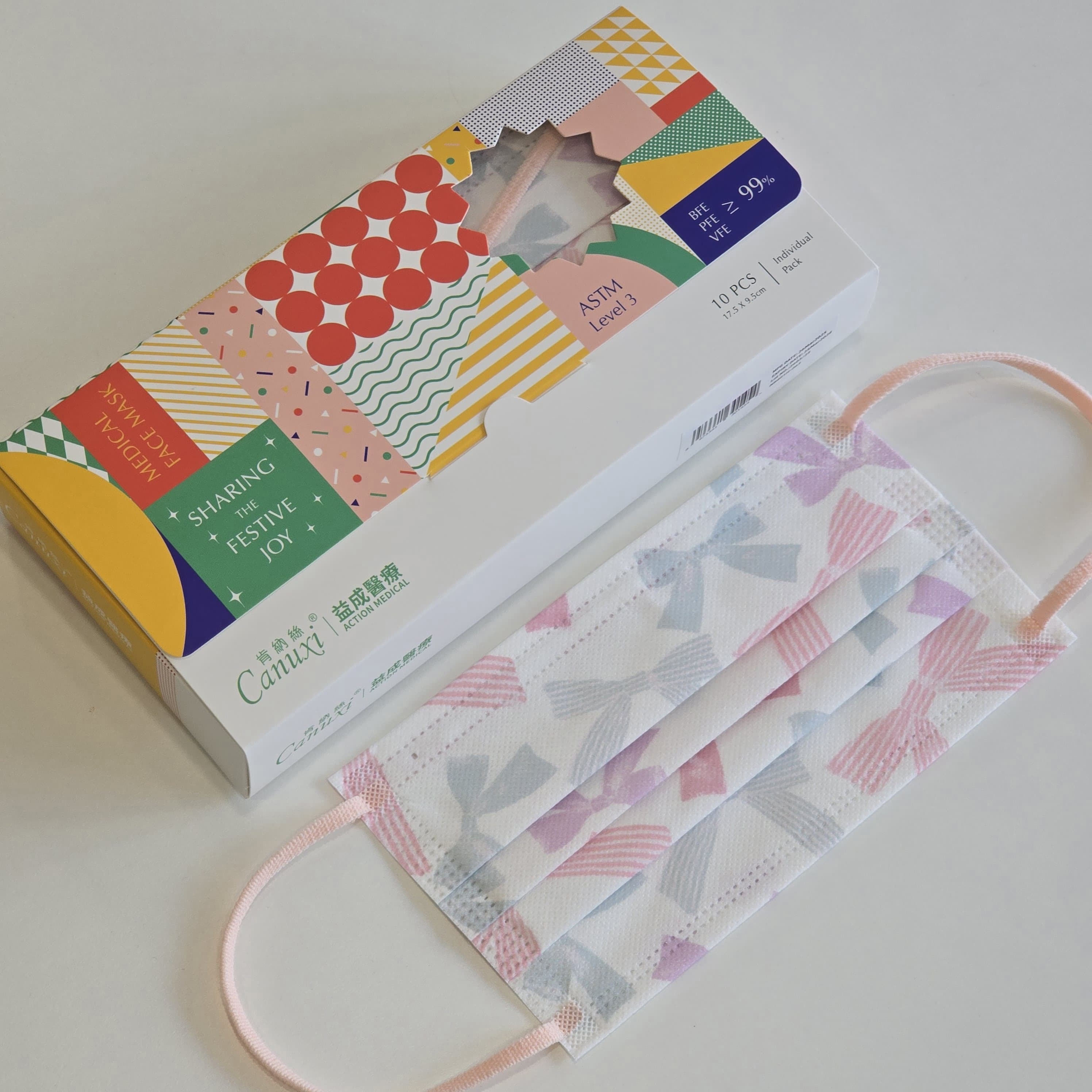 Canuxi 白色蝴蝶結印花成人口罩 ASTM Level 3 (10片獨立包裝)