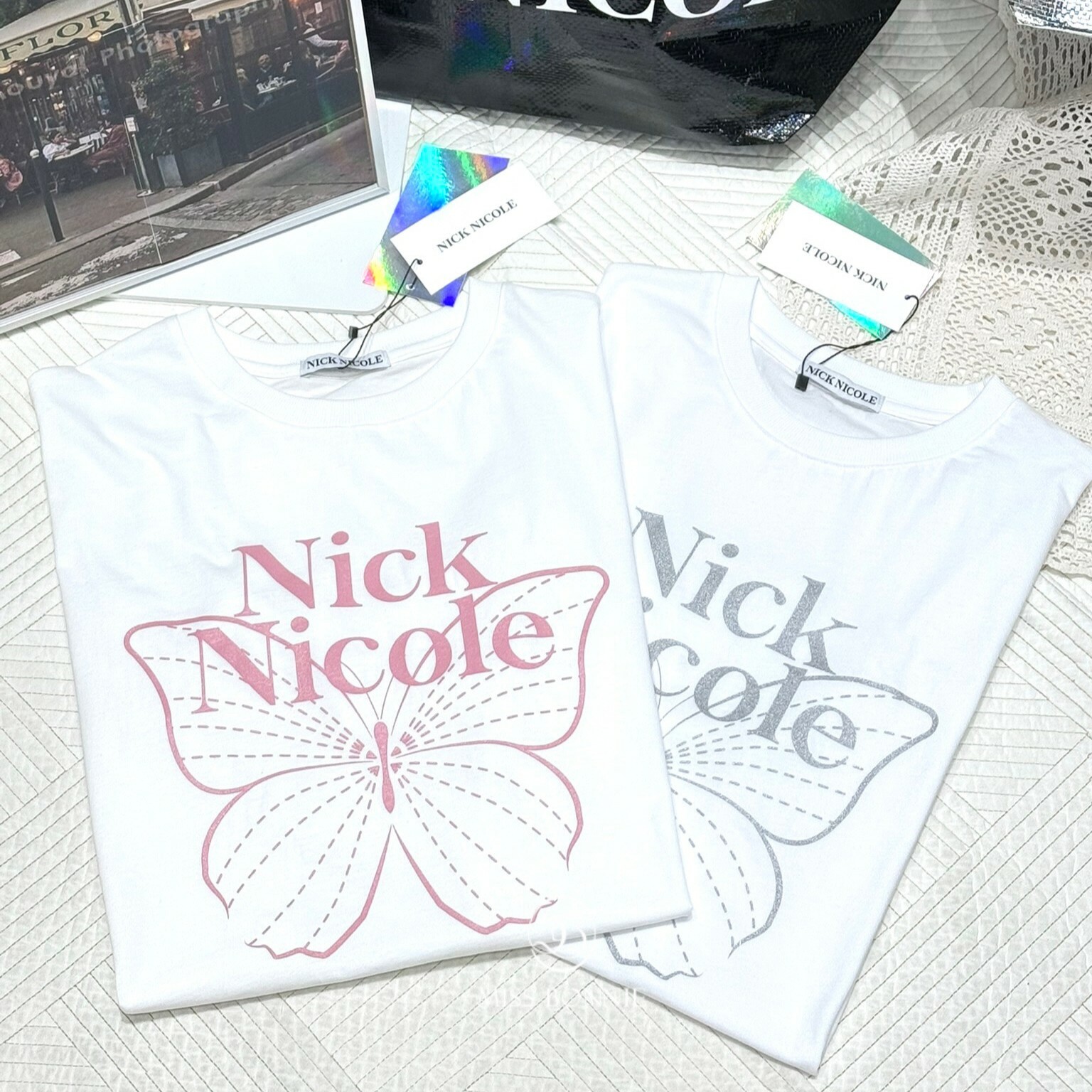 Nick Nicole滿版蝴蝶長版短T(淺色系共8色)