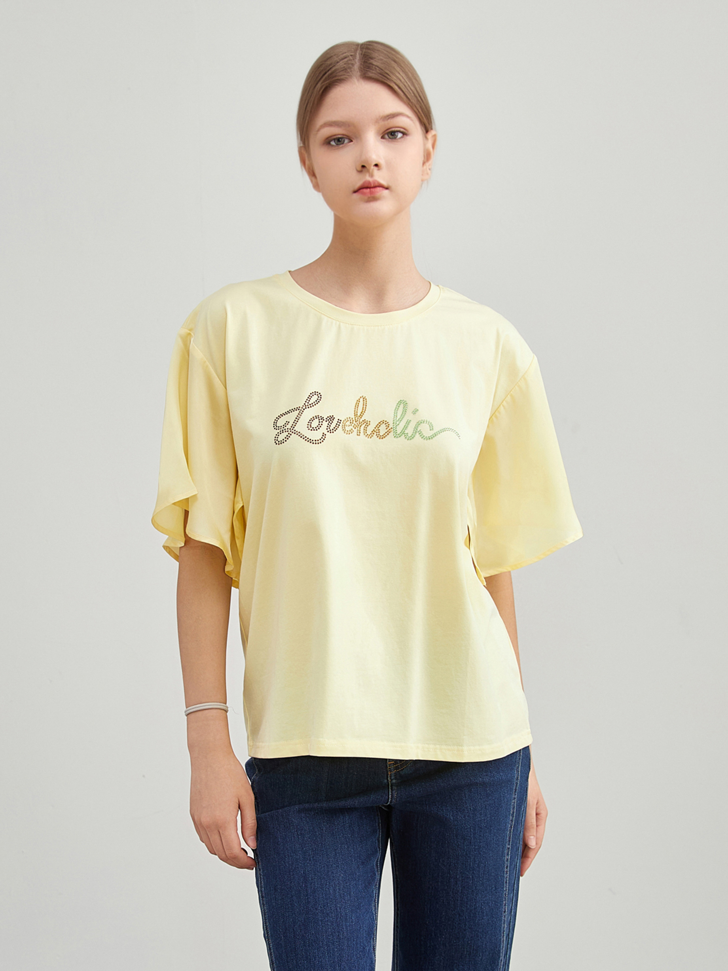 mi-tu 閃石荷葉袖圓領T恤