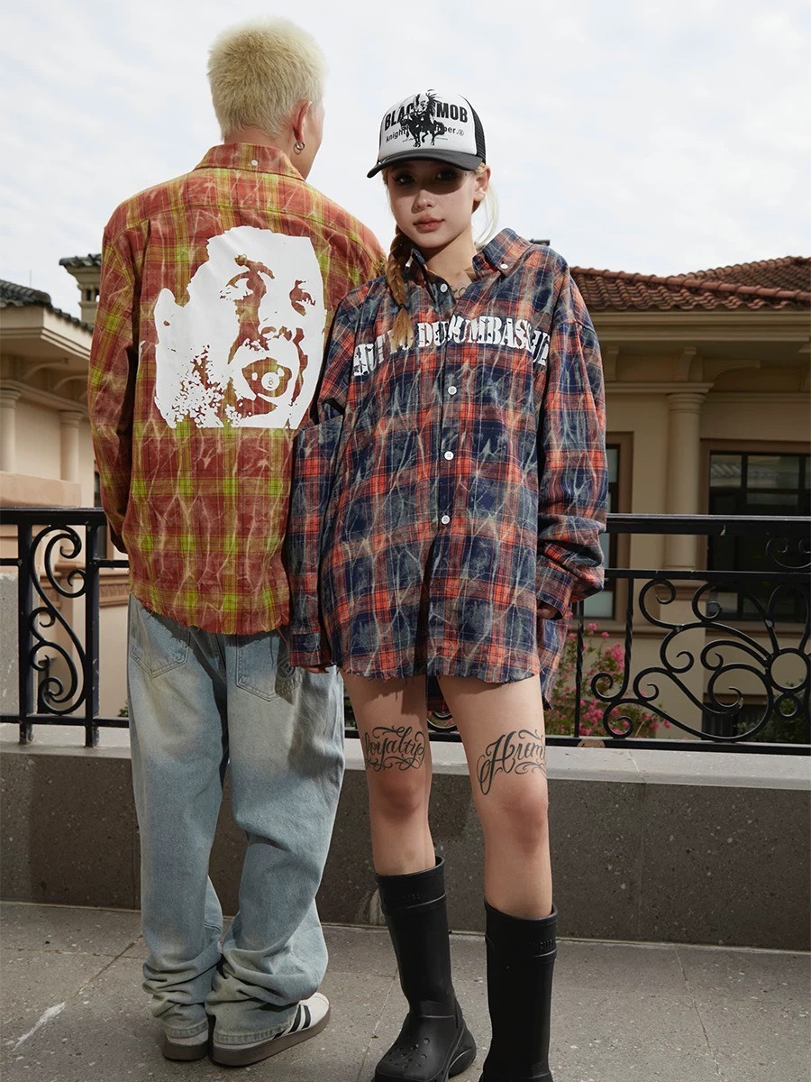 BLACK8MOB 做舊水洗皺褶印花 下擺破壞 格紋襯衫 長袖