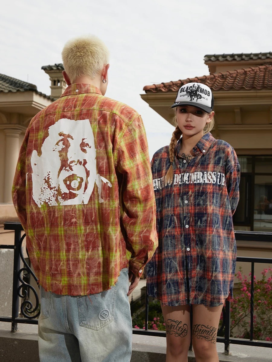 BLACK8MOB 做舊水洗皺褶印花 下擺破壞 格紋襯衫 長袖