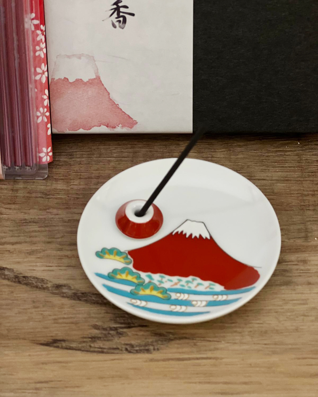 京都 富士山香皿線香禮盒 赤紅｜香彩堂