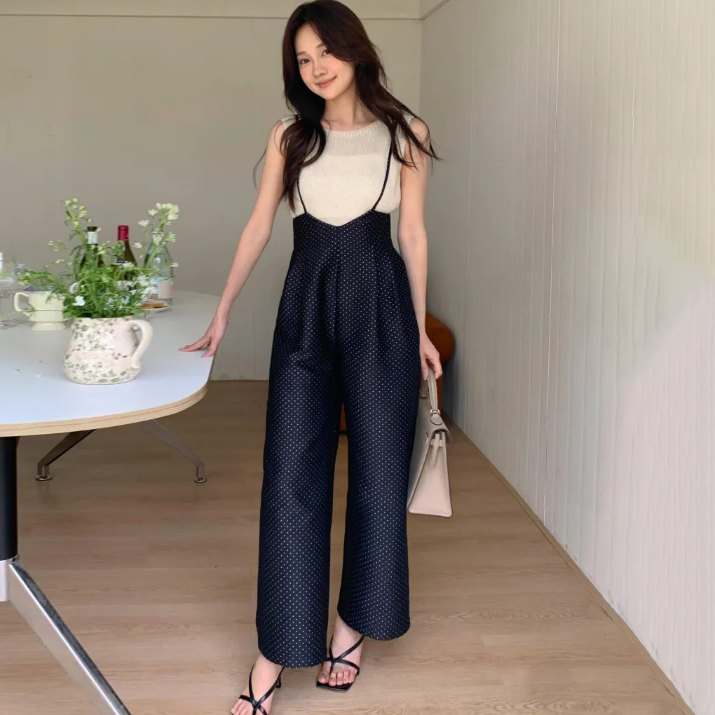經典黑配色點點細肩帶高腰吊帶連身褲S-L (Elegant & Love)
