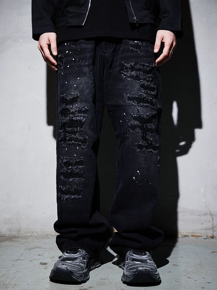 BLACK8MOB 瘋狂刀割破壞 潑墨 直筒牛仔褲