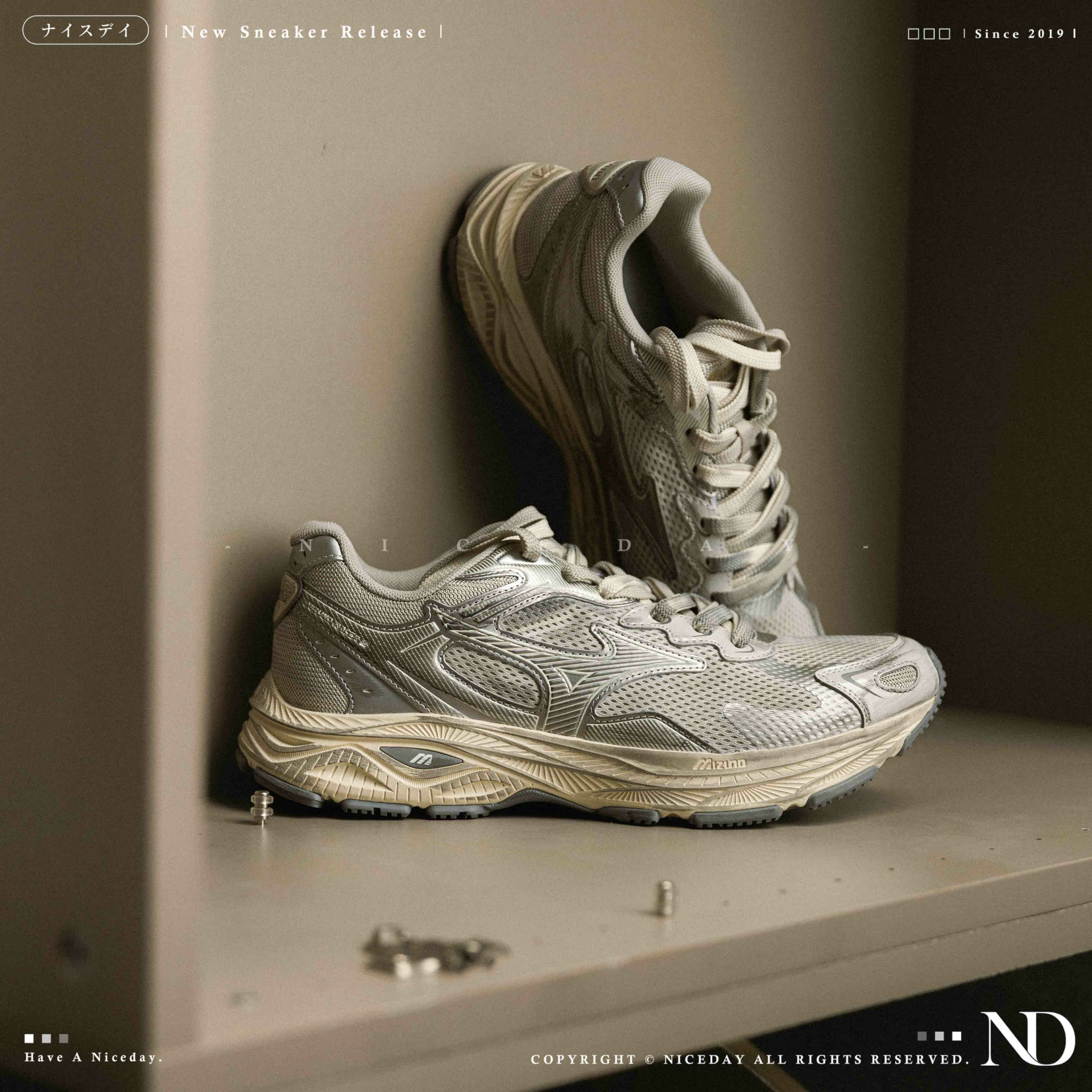 NICEDAY 代購 Mizuno Racer S 復古 灰銀 灰 奶油底 做舊 戰損 工裝 D1GH223518