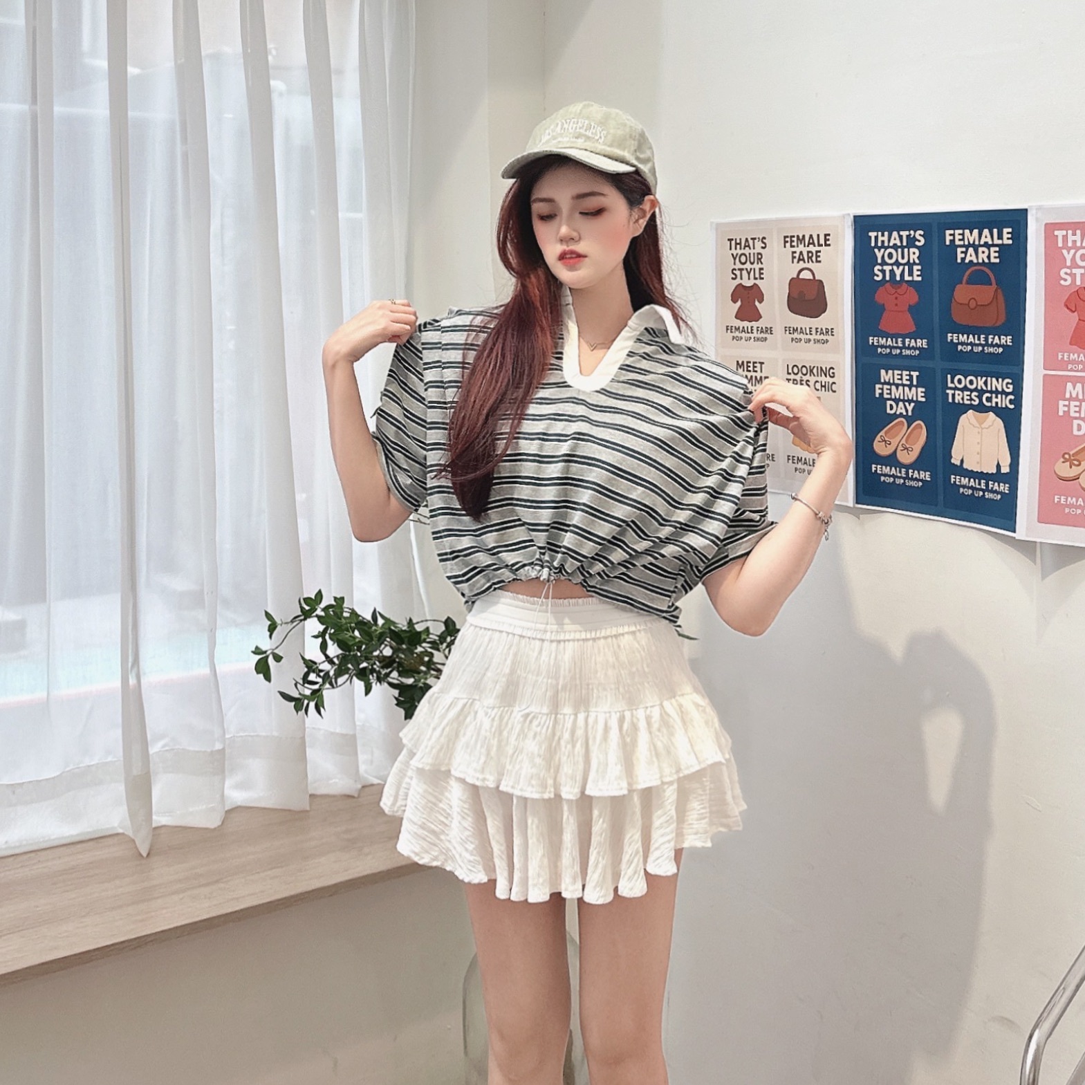 翻領條文縮腰上衣/三色