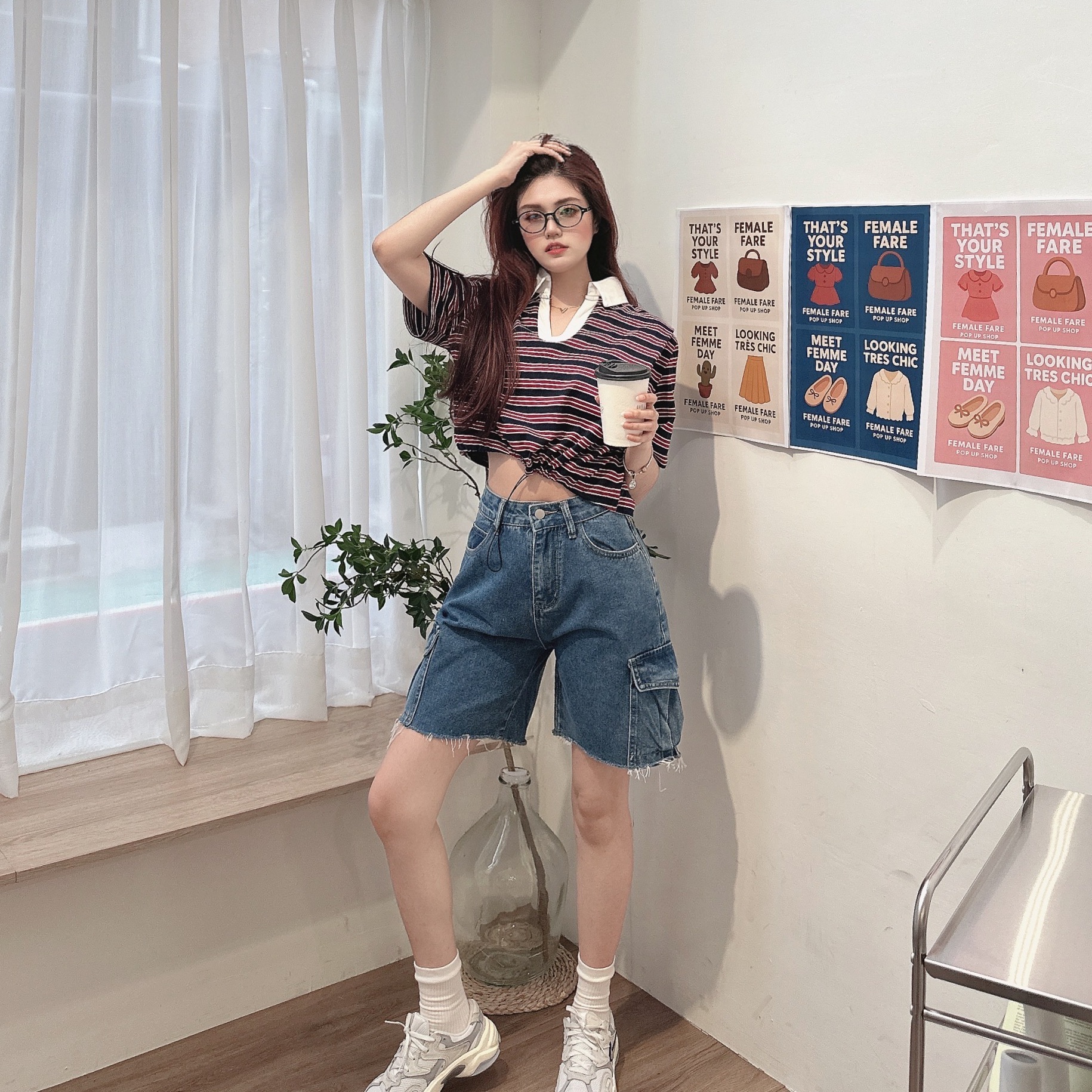 韓國工裝牛仔男友褲/單一色