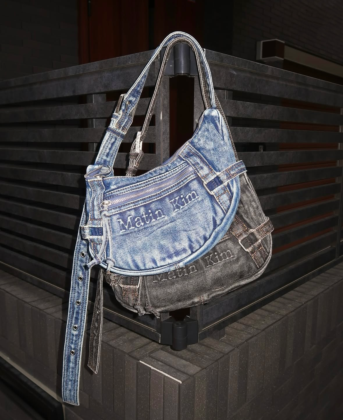MATIN KIM MATIN WASHED DENIM MINI HOBO BAG MATIN KIM MATIN WASHED DENIM MINI HOBO BAG
