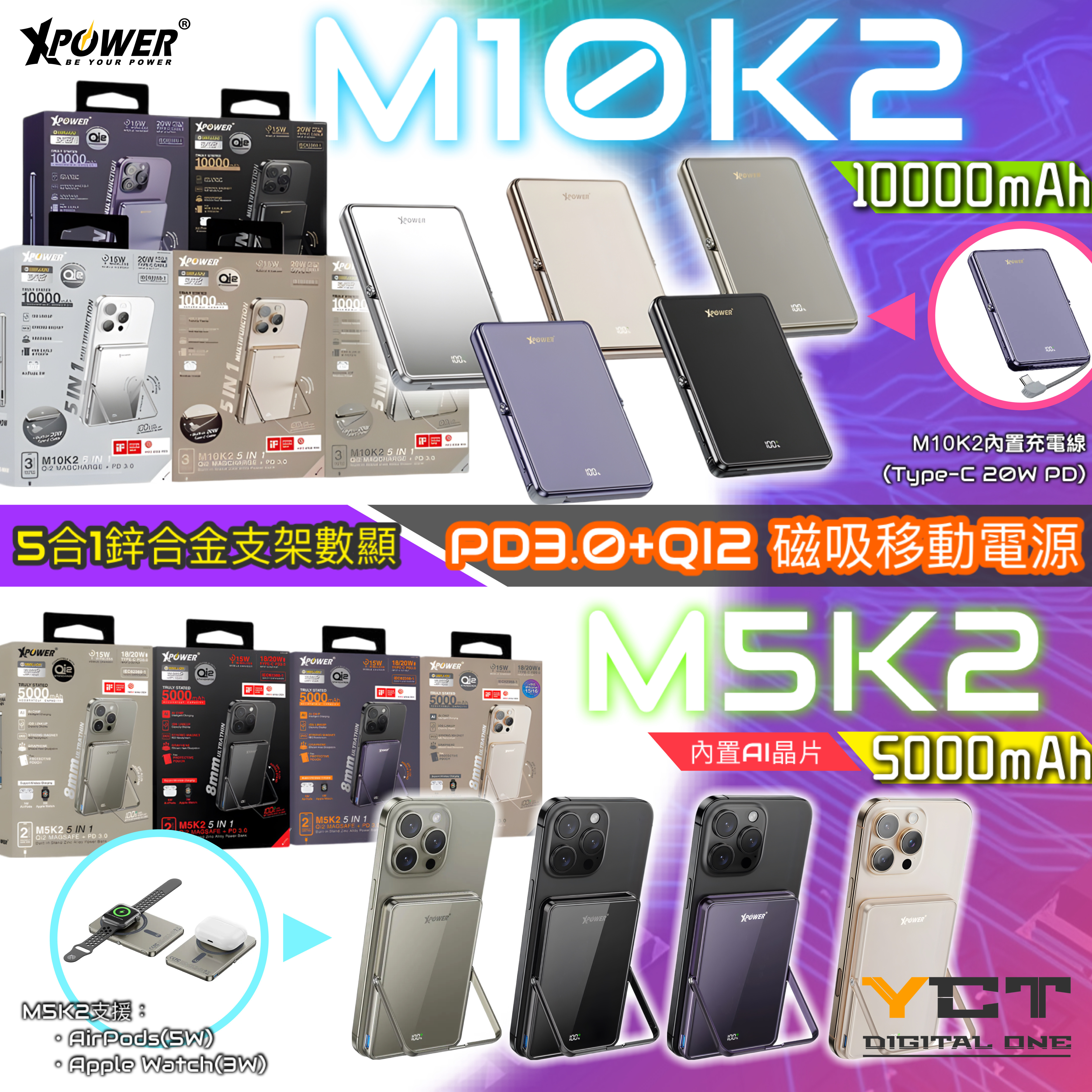 XPower M10K2 5合1鋅合金支架數顯 10000mAh PD3.0+QI2 磁吸移動電源