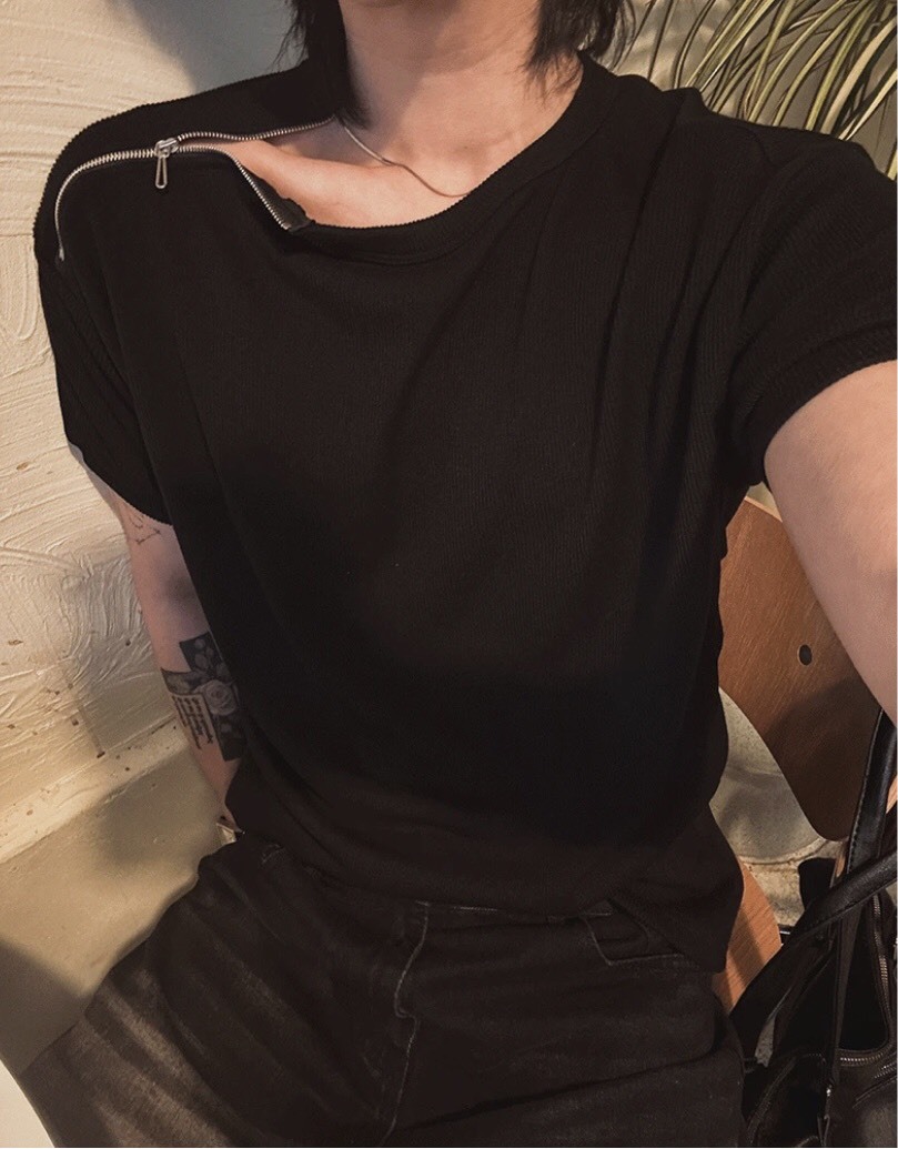 短袖斜拉鍊亨利領