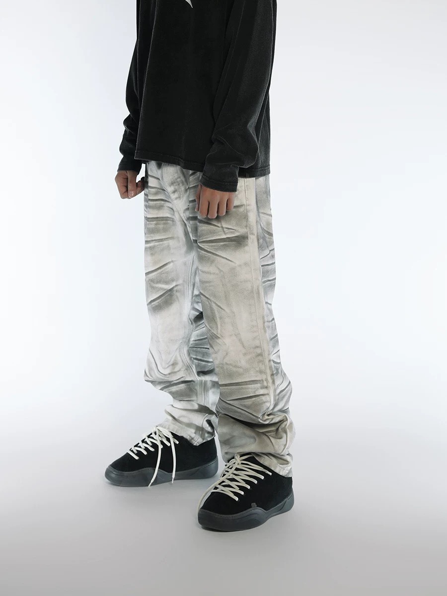 BLACK8MOB 水洗髒染 做舊捏褶 直筒長褲