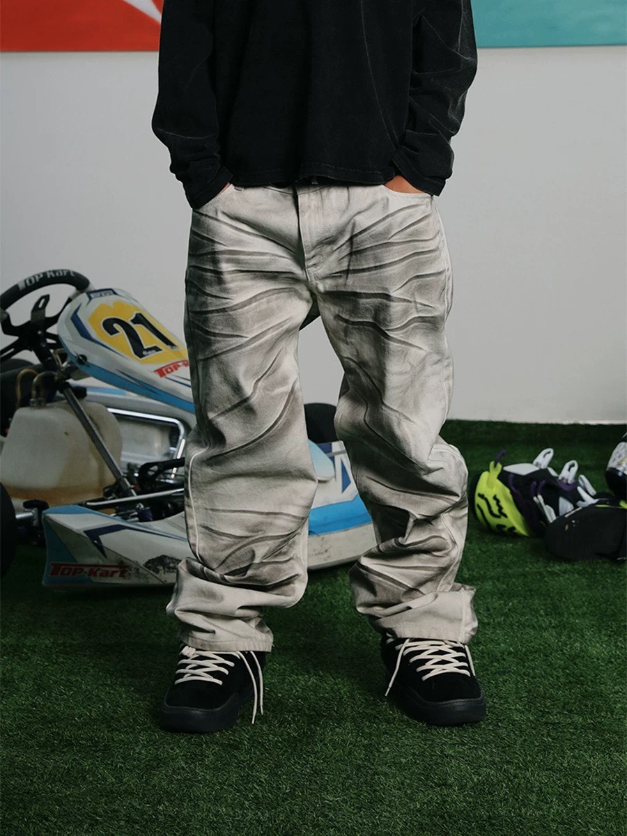 BLACK8MOB 水洗髒染 做舊捏褶 直筒長褲