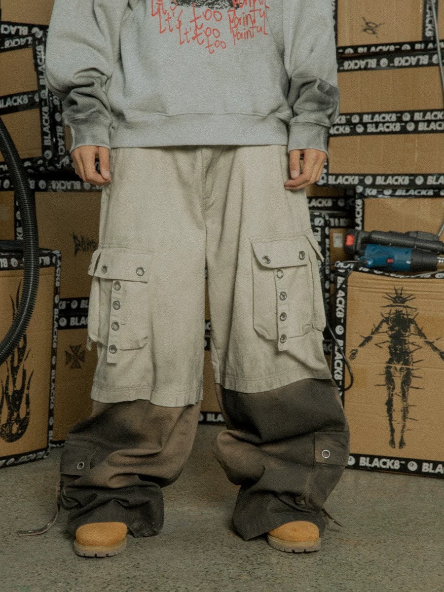 BLACK8MOB 卡其水洗髒染 多口袋 拼接寬鬆闊腿長褲