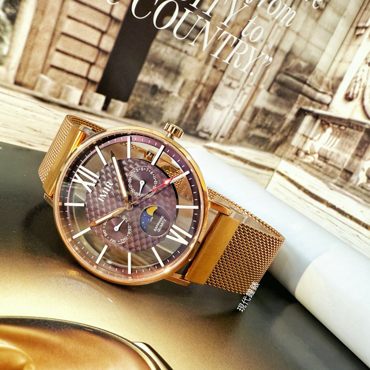 【IMIR艾米爾】夜光 |暗夜紫扇形紋三眼鏤空腕錶13926P-GB 40mm 現代鐘錶