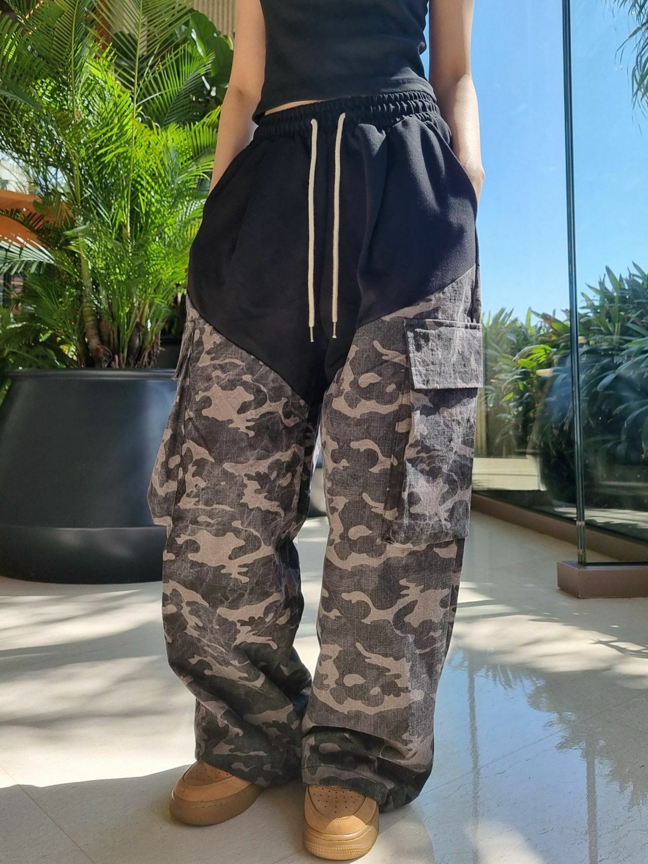 拼迷彩可束腳工裝鬆身運動褲 TAC-0157P