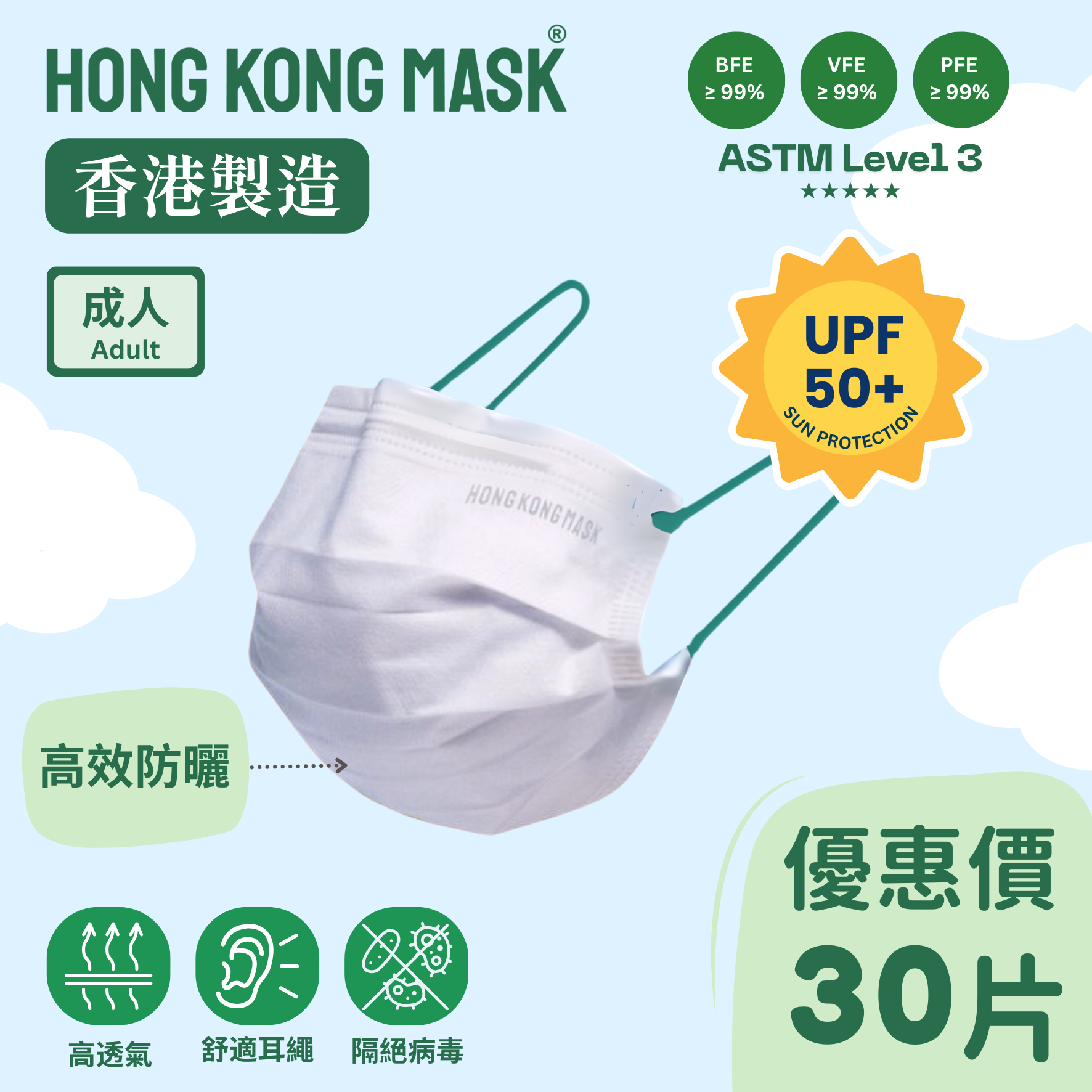 抗UV系列 - 成人口罩(30片裝・獨立包裝) - 綠色耳繩【香港製造】