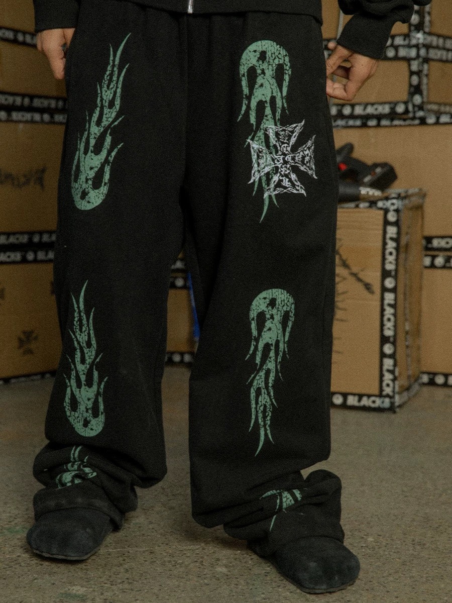 BLACK8MOB 水洗做舊火焰印花Logo 寬鬆直筒棉長褲