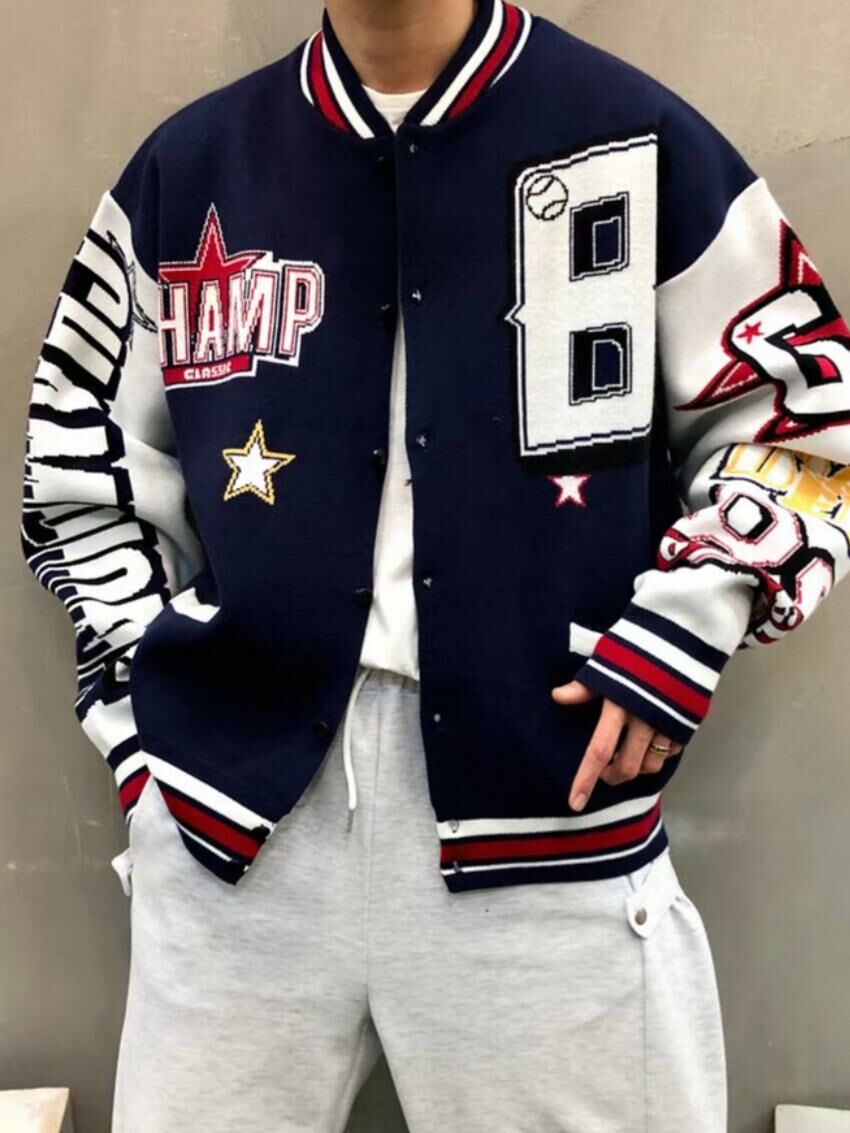 OverSize英文字針織棒球褸 TAC-0174JK