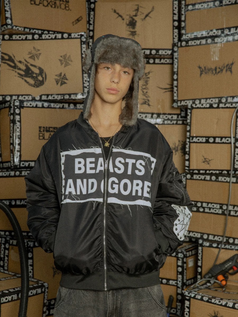 BLACK8MOB 鉚釘印花貼布Bomber 廓形飛行外套