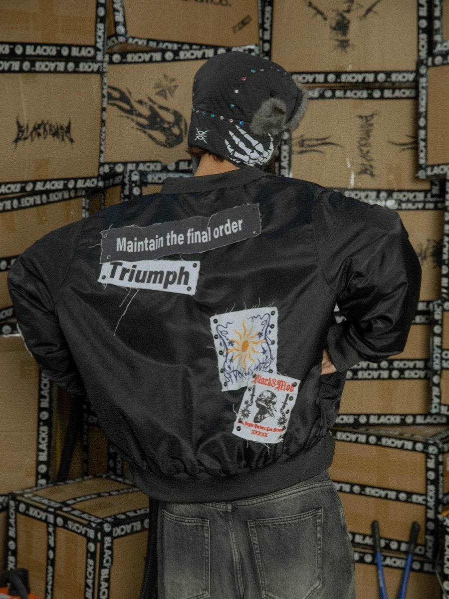 BLACK8MOB 鉚釘印花貼布Bomber 廓形飛行外套