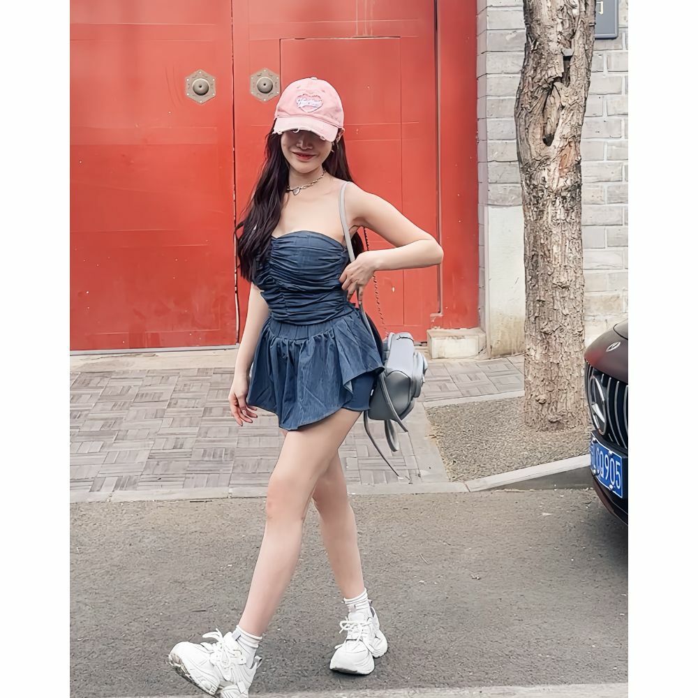 【ins風拉滿】DOMISS摺皺平口上衣+褲裙 兩件套洋裝(現貨)