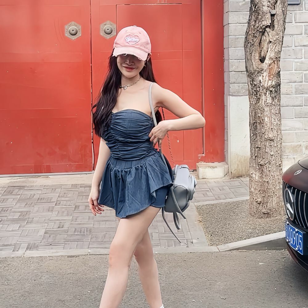 【ins風拉滿】DOMISS摺皺平口上衣+褲裙 兩件套洋裝(現貨)