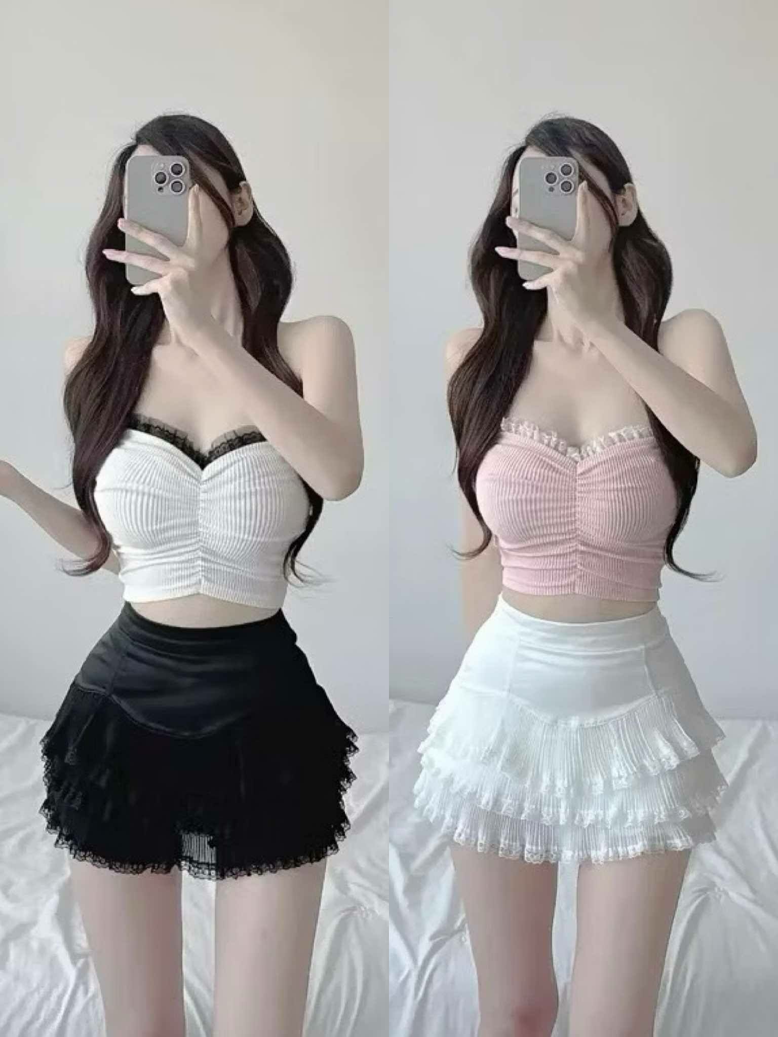 正韓🇰🇷配色蕾絲邊羅紋抓皺平口小可愛（3色均碼）有胸墊