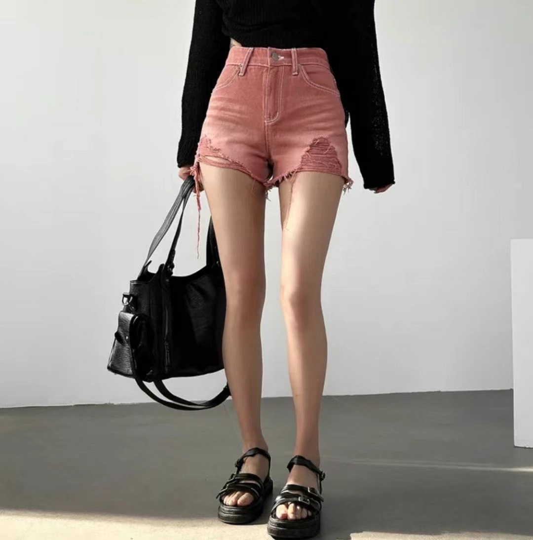 777莓紅破損牛仔短褲