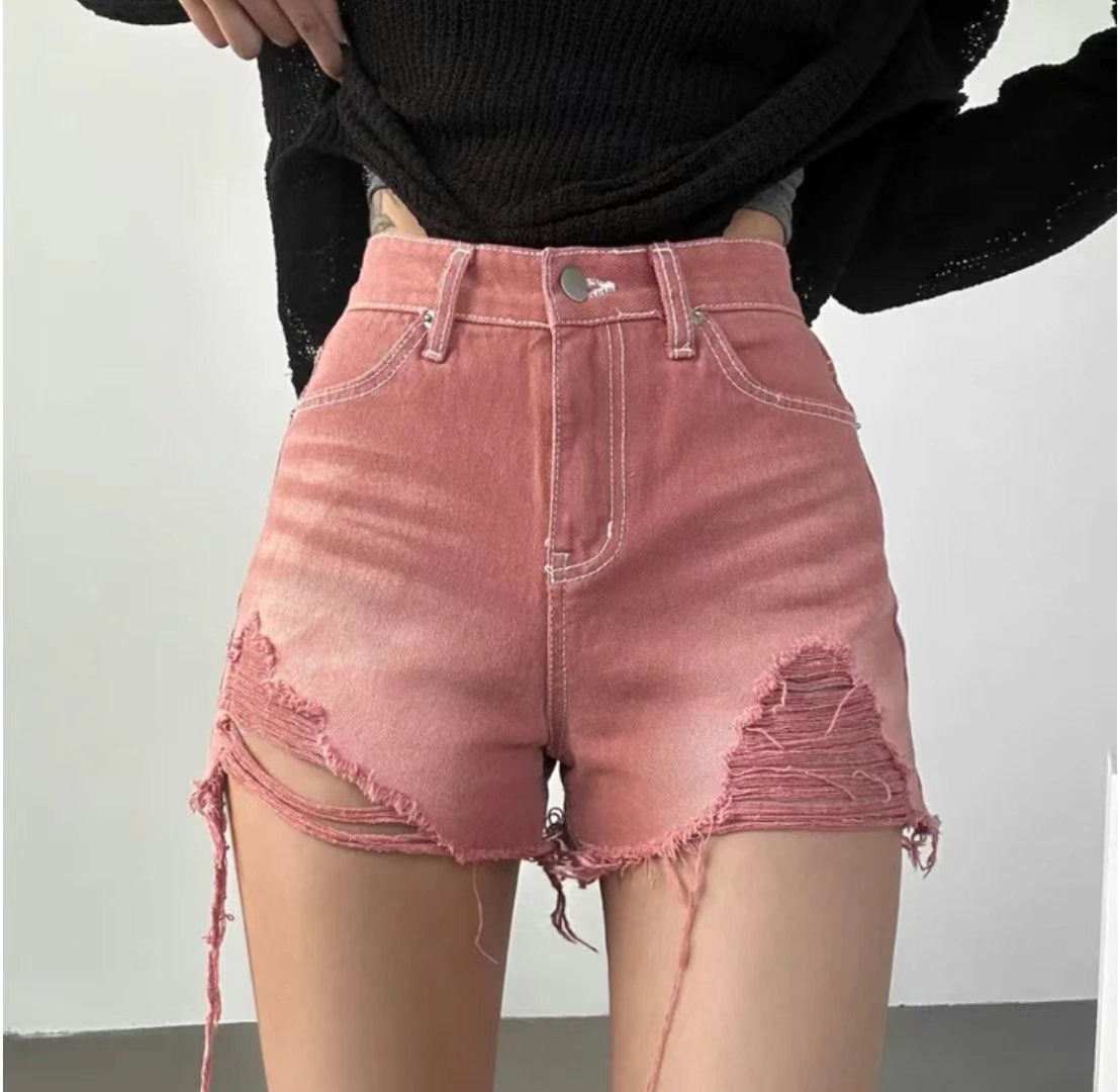 777莓紅破損牛仔短褲