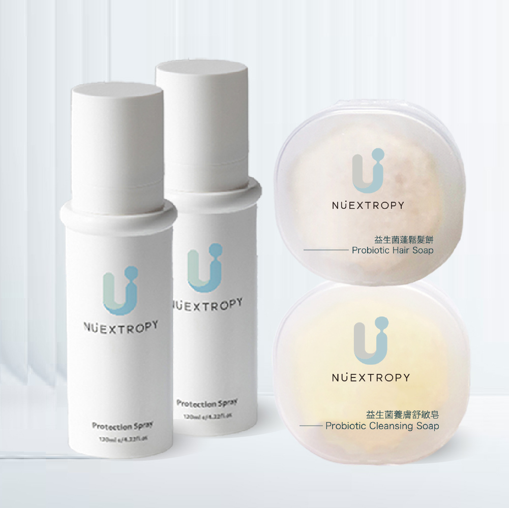 Nuextropy 2＋2益菌舒敏全效保護噴霧120mlx2＋沐日蓬鬆平衡髮餅60g x1 + 雨香修護舒敏體皂40gx1